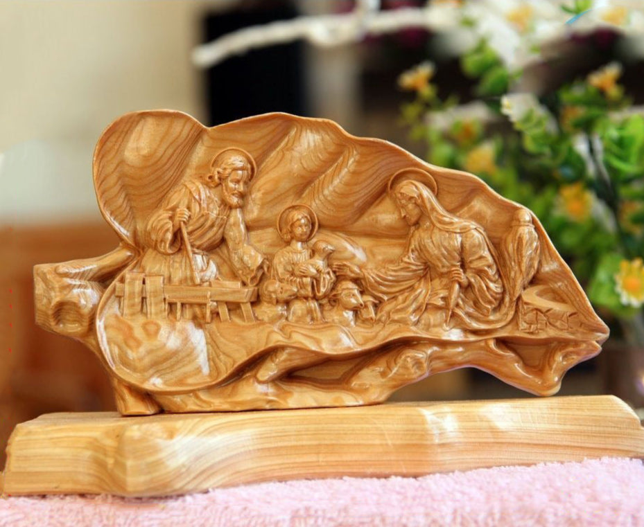 Holy Family Wooden Leaf Plaque, Catholic Christian Religious Art, Handmade Wood Carving for Home Altar and Wall Decor
